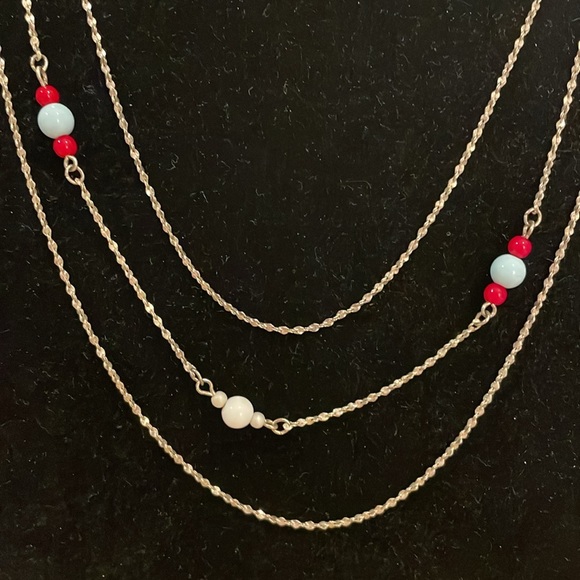 Vintage Silver Tone Red Blue White Beaded Triple Layer Strand Statement Necklace - Picture 2 of 3